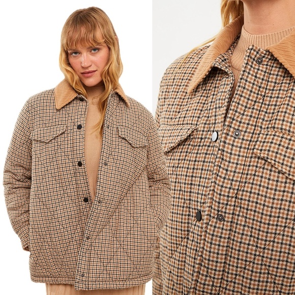 Zara Plaid Quilted Corduroy Collar Tan Cream Black Button Down Jacket Shacket - Picture 1 of 14